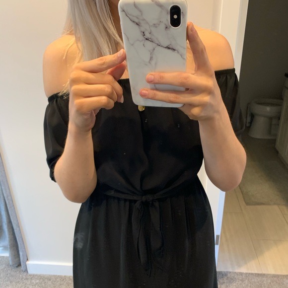 Everly Off Shoulder Tie Front Black Mini Dress - Picture 6 of 8